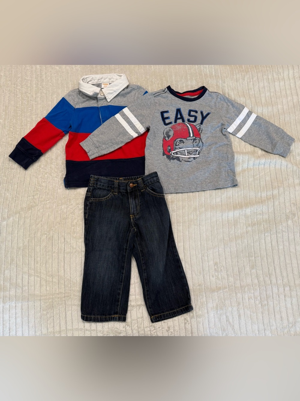Gymboree “Easy” Football Tee & Striped Rugby Top, Dark Wash Jeans size 18-24 M